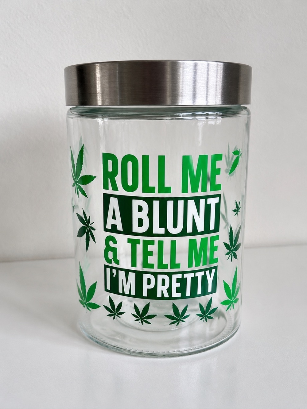 Glass Storage Jar with Green Leaf Print - "Roll Me A Blunt"